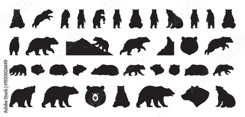 Diverse bear icons. Variety of bear silhouette logos and badge designs for branding purposes. Different bear outlines and emblem shapes compiled into clear grid for branding and design use