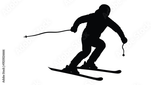 Silhouette of a skier gliding down a snowy slope with ski poles in hand isolated on white background, Vector