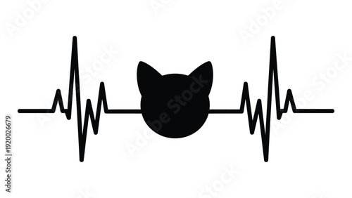 Black cat silhouette with heartbeat line graphic design illustration isolated on white background, Vector