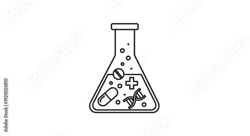 Line art illustration of a flask with medical elements silhouette