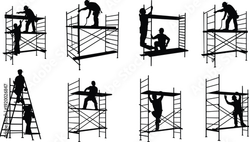 Construction worker silhouettes assembling scaffolding platforms, industrial builders working at height vector illustration isolated on white background for building maintenance projects