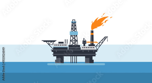 An illustration of an offshore oil rig platform with a burning flare stack in the middle of the ocean, representing energy production.
