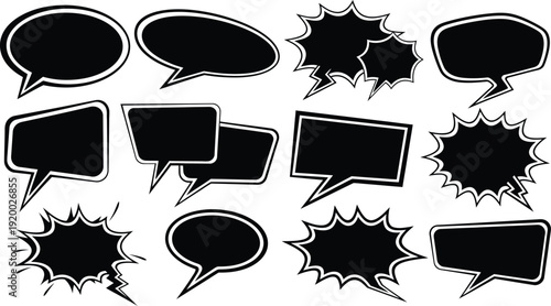 black and white comic book style speech bubbles for dialogue  various shapes and sizes