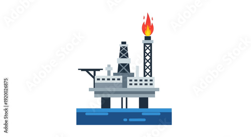 Flat vector illustration of an offshore oil rig with a burning flare, symbolizing energy production and industrial operations.