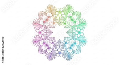 Vibrant rainbow colored floral wreath with intricate patterns and white flowers on a white background symbolizing diversity and unity in a circular design