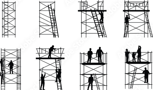 Construction worker silhouettes installing scaffolding towers with ladders, industrial building renovation and maintenance teamwork safety concept, black vector illustration isolated on white backgrou