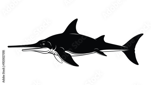 Ancient ichthyosaur swimming in the prehistoric ocean depths isolated on white background, Vector