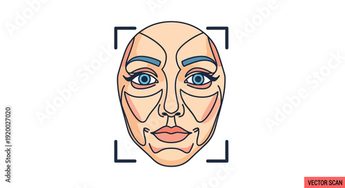 Facial recognition scan of a human face with biometric data points and blue eyes.