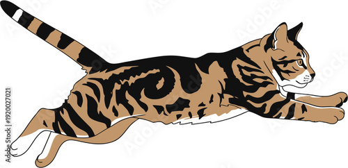 Illustration of a sleek, agile Bengal cat in mid-leap, showcasing its distinctive spotted coat and dynamic movement