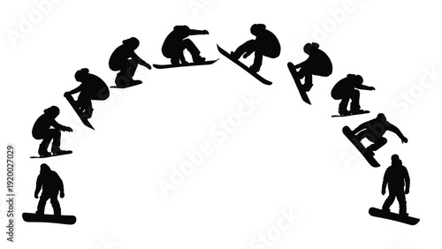 Silhouettes of skateboarders performing tricks in a dynamic sequence isolated on white background, Vector