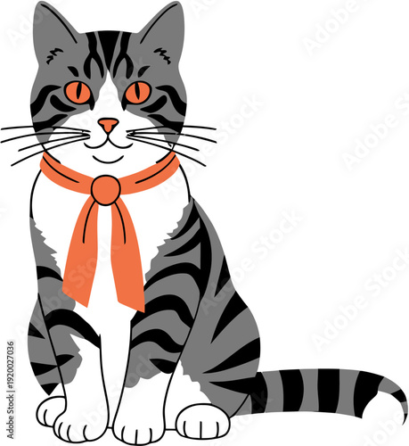 A charming domestic tabby cat with sleek stripes and an elegant orange scarf, exuding friendly feline charm as a beloved pet companion in a playful illustration