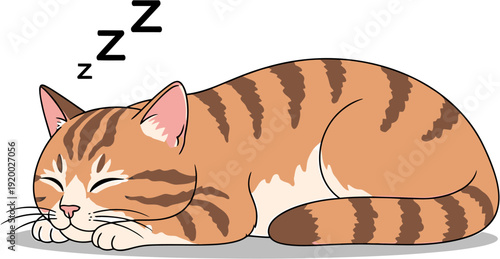 Cute cartoon ginger tabby cat peacefully sleeping, curled up in a relaxed pose with 'Zzz' above its head, depicting calm rest and a tranquil pet moment