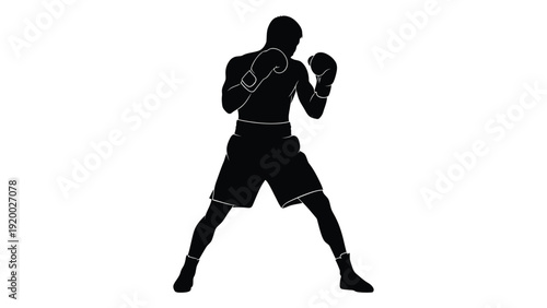 Silhouette of a boxer in a fighting stance with gloves raised isolated on white background, Vector