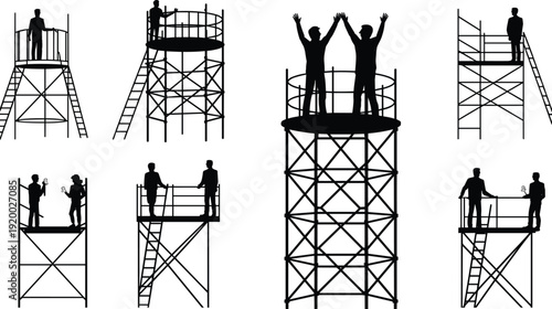 Construction worker silhouettes on circular scaffolding towers and platforms, industrial building installation and maintenance teamwork safety concept, black vector illustration isolated on white ba