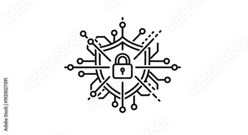 Abstract network security icon with a central lock black silhouette