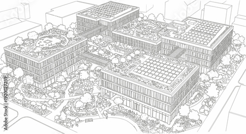 Architectural drawing of a modern campus featuring multiple buildings with green roofs, solar panels, and landscaped courtyards.