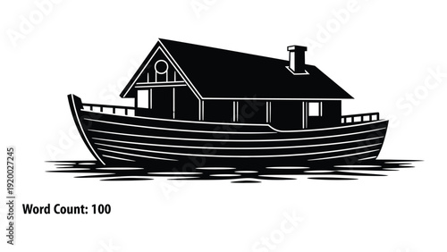 A charming houseboat with a pitched roof and chimney floating on calm water isolated on white background, Vector