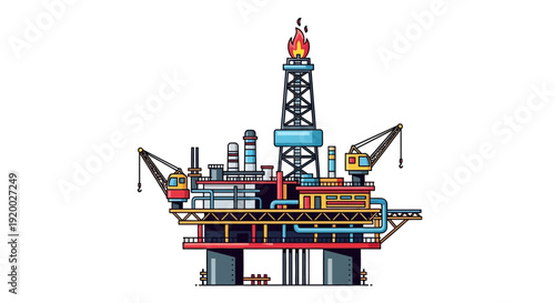 Detailed illustration of an offshore oil drilling platform with a burning flare, representing the petroleum industry.