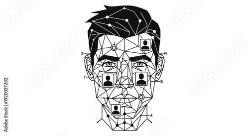 Abstract digital representation of a man's face with a network of lines and dots, symbolizing facial recognition and data processing.