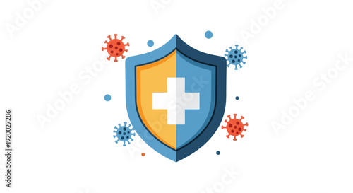 Illustration of a shield with a cross symbol protecting against viruses, representing health and immunity.
