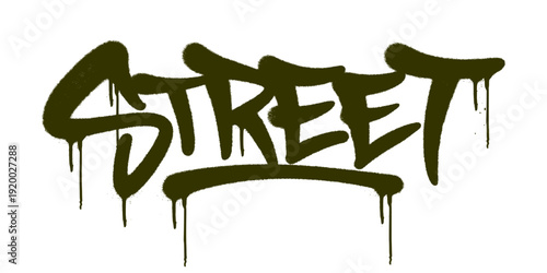 Street Graffiti Tag Spray Paint Illustration. Black Gritty Typography with Paint Drips and Spray Texture for Urban Apparel Design.