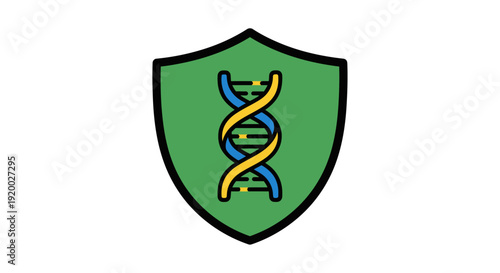 Green shield with a blue and yellow DNA double helix symbol, representing genetic protection or security.