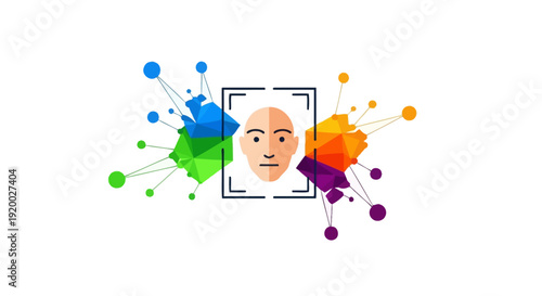 Abstract illustration of facial recognition technology with colorful geometric data points.