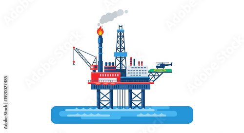 Offshore oil rig platform with drilling equipment and a helicopter on the helipad, producing energy from the sea.
