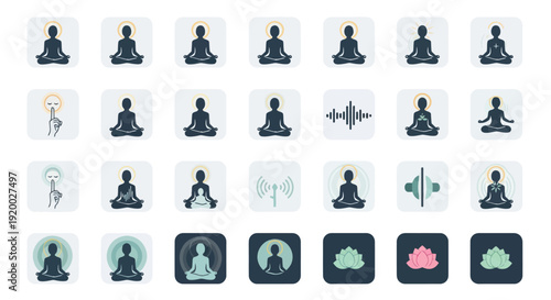 Meditation Icons Set: Yoga, Mindfulness, Zen, Silence, Sound Waves, Energy