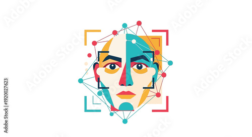 Stylized illustration of a human face with facial recognition technology overlay, depicting biometric scanning and artificial intelligence.