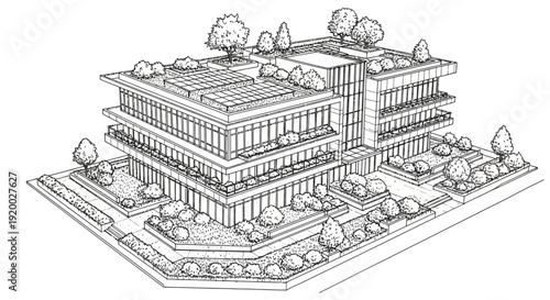 Architectural drawing of a modern building with green roofs, solar panels, and landscaped surroundings, showcasing sustainable design.