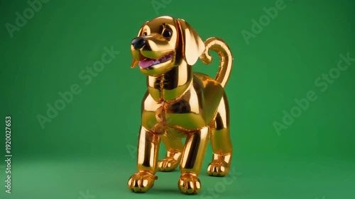A shining golden balloon dog rotates slowly on a vibrant green screen background, showcasing its glossy reflective surface.