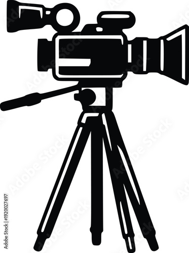 Black and White Vector Illustration of a Vintage Video Camera on a Tripod, Retro Cinematography Icon for Media, Film Production, and Broadcast Design