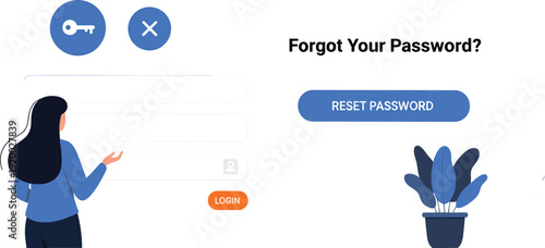 Forgot your password web user interface vector illustration featuring a woman at a login screen with reset button key and lock icons.