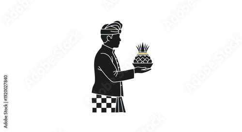 Balinese Man Silhouette Offering Traditional Basket with Pineapple