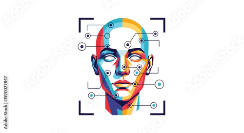 Stylized multi-color human head with facial recognition points and scanning frame, representing biometric technology.