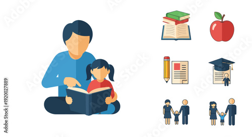 Father Reading Book to Daughter, Education Icons, Family, Apple, Graduation Cap