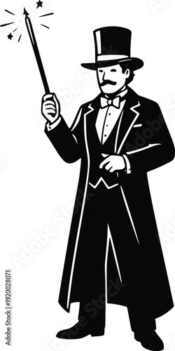 Magician in Top Hat and Tuxedo Performing Magic with Wand, Vintage Vector Illustration for Entertainment, Performance, and Themed Designs