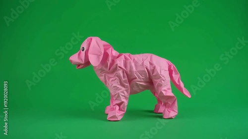 A cute pink paper balloon dog stands still against a vibrant green screen background, perfect for creative compositing.