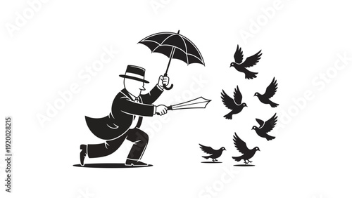 A man in a suit and hat is running with an umbrella from flying birds