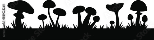 Mushroom silhouette border with grass and fungi shapes, nature forest ground vector illustration isolated on white background