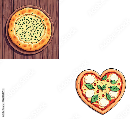 Vsai two delicious pizzas, one heart shaped, on a wooden table