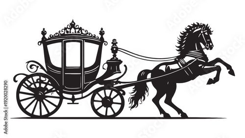 A black silhouette of a horse drawn carriage on a white background