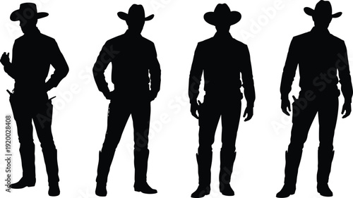 Cowboy silhouette set with western sheriff poses wearing hat and boots isolated vector illustration on white background
