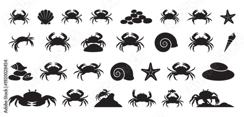Retro crab emblem artwork. Traditional crab outlines resembling insignia and vintage seal motifs. Classic crab silhouettes crafted in insignia style with aged nautical engraving inspiration