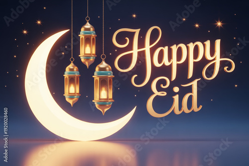 Wallpaper Mural A digital illustration of a crescent moon with lanterns and the words Happy Eid for a festive Islamic celebration Torontodigital.ca
