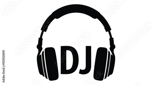 Black and white illustration of a dj headset with the letters dj in the center. isolated on white background, Vector