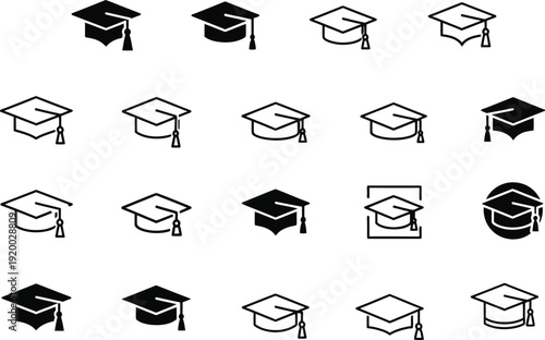 Academic Graduation Cap Icons Set for Education Graphics