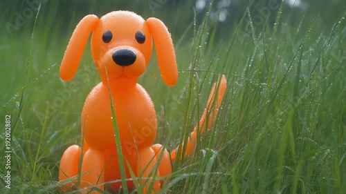 An orange balloon dog sits attentively in the lush, dewy green grass, adorned with tiny water droplets after a morning rain.