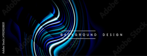 Abstract flowing lines create dynamic visual effect. Dark background emphasizes bright blue, white curves. Modern design element.